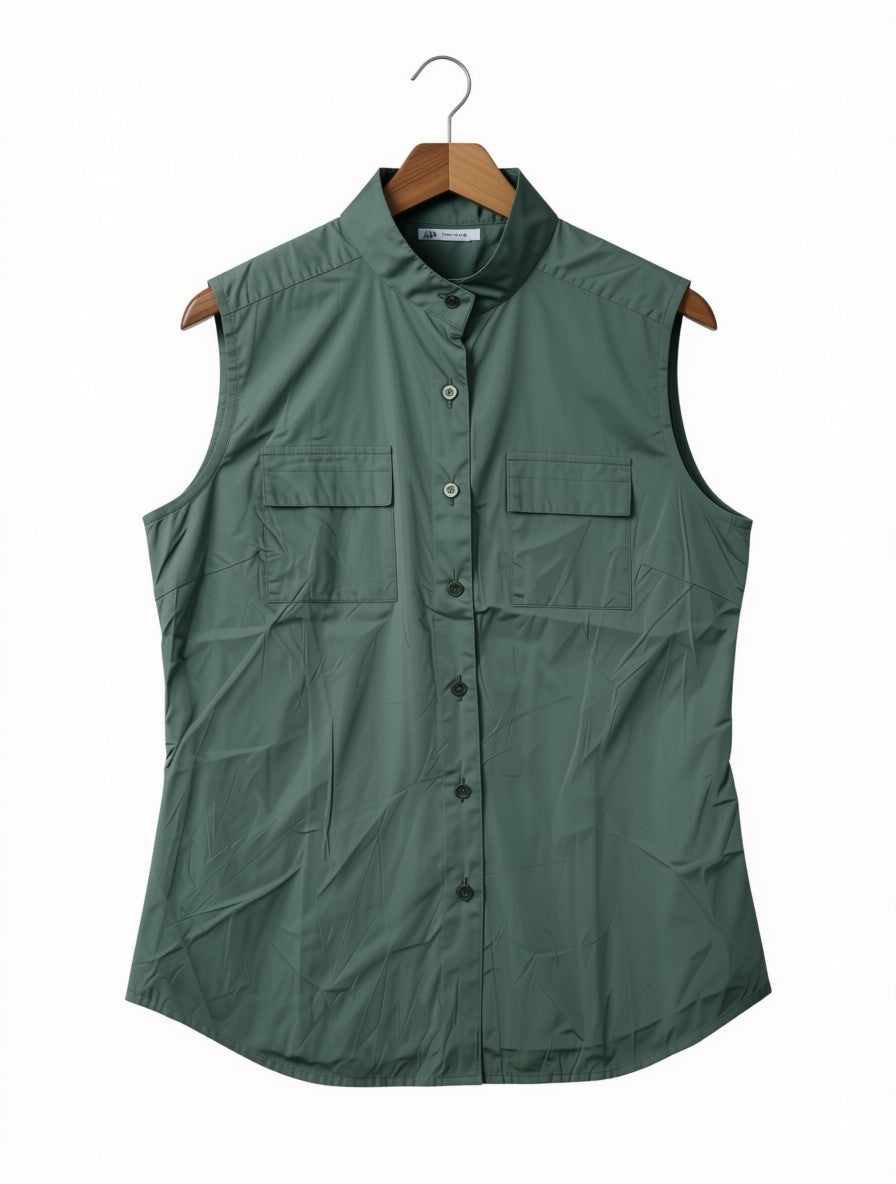 Zara Preloved Olive Green Sleeveless Mandarin-Collar Utility Shirt (Size M)