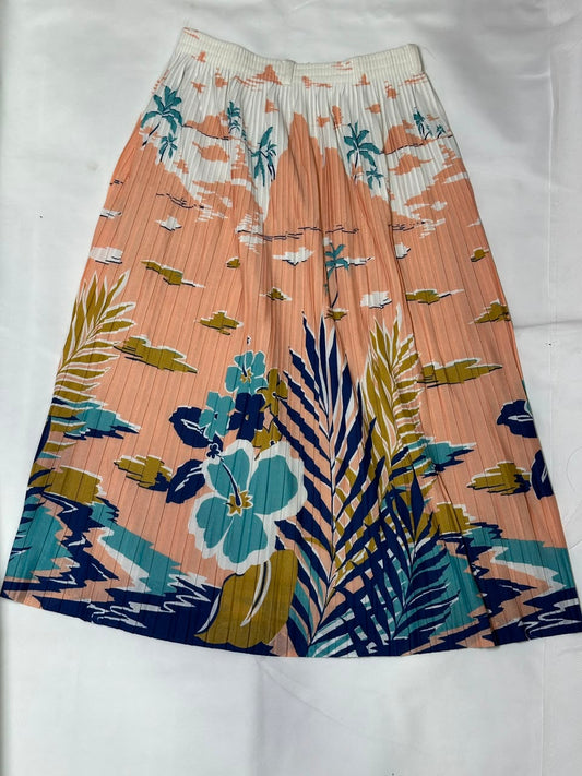 Preloved Vintage Peach Tropical Landscape Pleated Midi Skirt