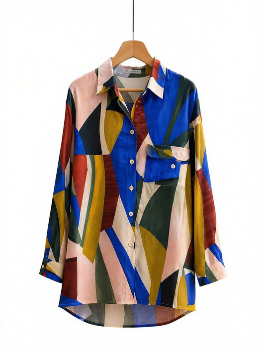 Multicolor Abstract Geometric Chiffon Blouse - Casual Long Sleeve Button Down Tunic Maxi