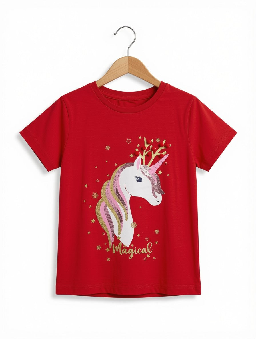 Preloved Kids Festive "Magical" Reindeer Unicorn Graphic T-Shirt – Crimson Red (Size 4T)