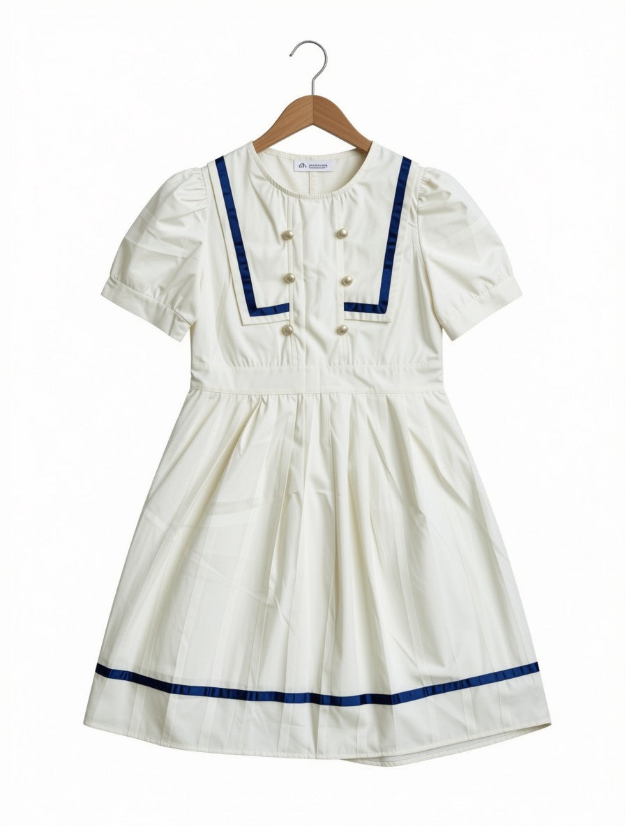 Preloved Zara Kids Sailor Nautical Pleated Dress – Cream & Navy Blue (Size 9-10 Years)