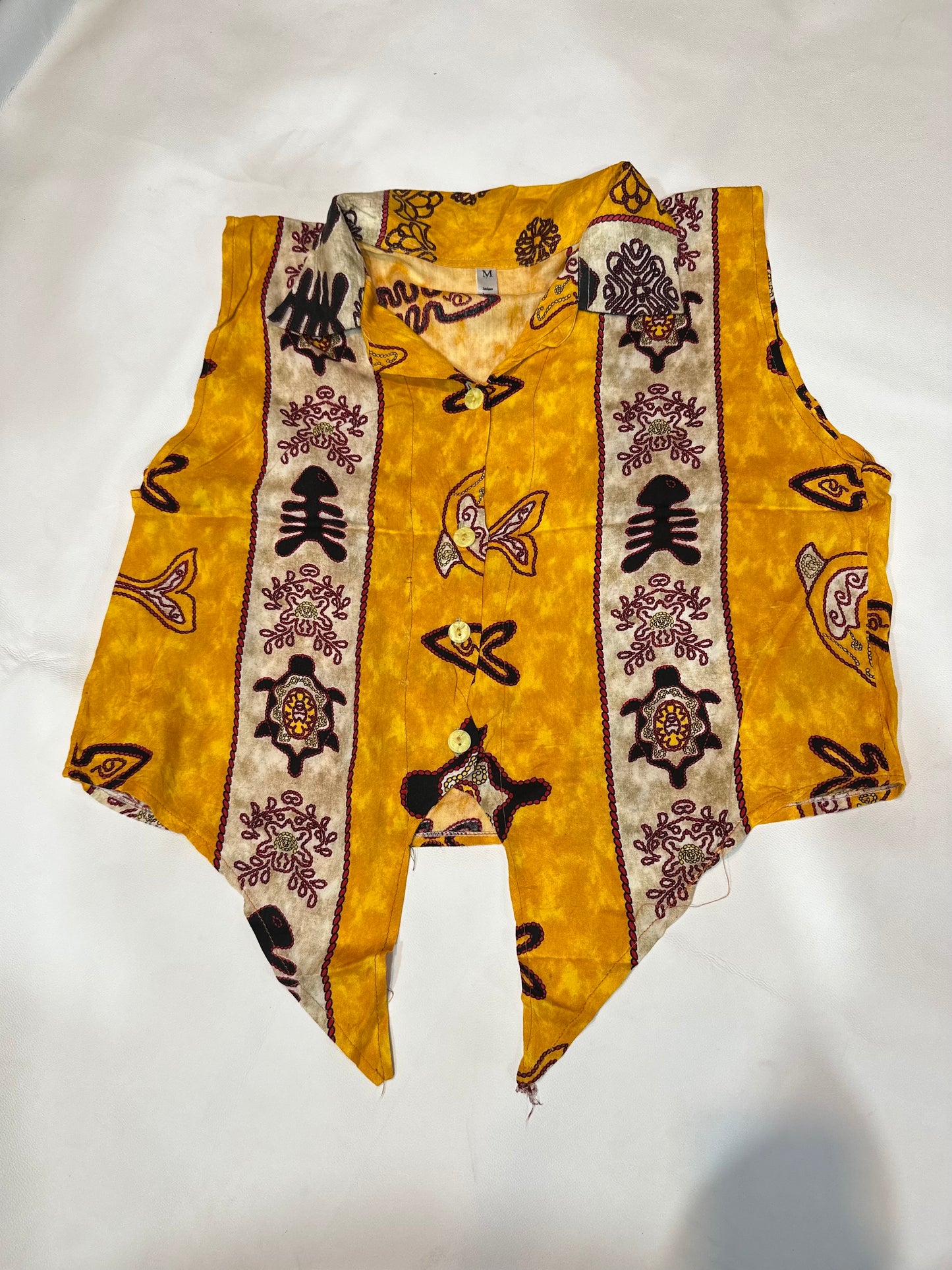 Ladies' Preloved Mustard Yellow Tribal Print Front-Tie Sleeveless Shirt