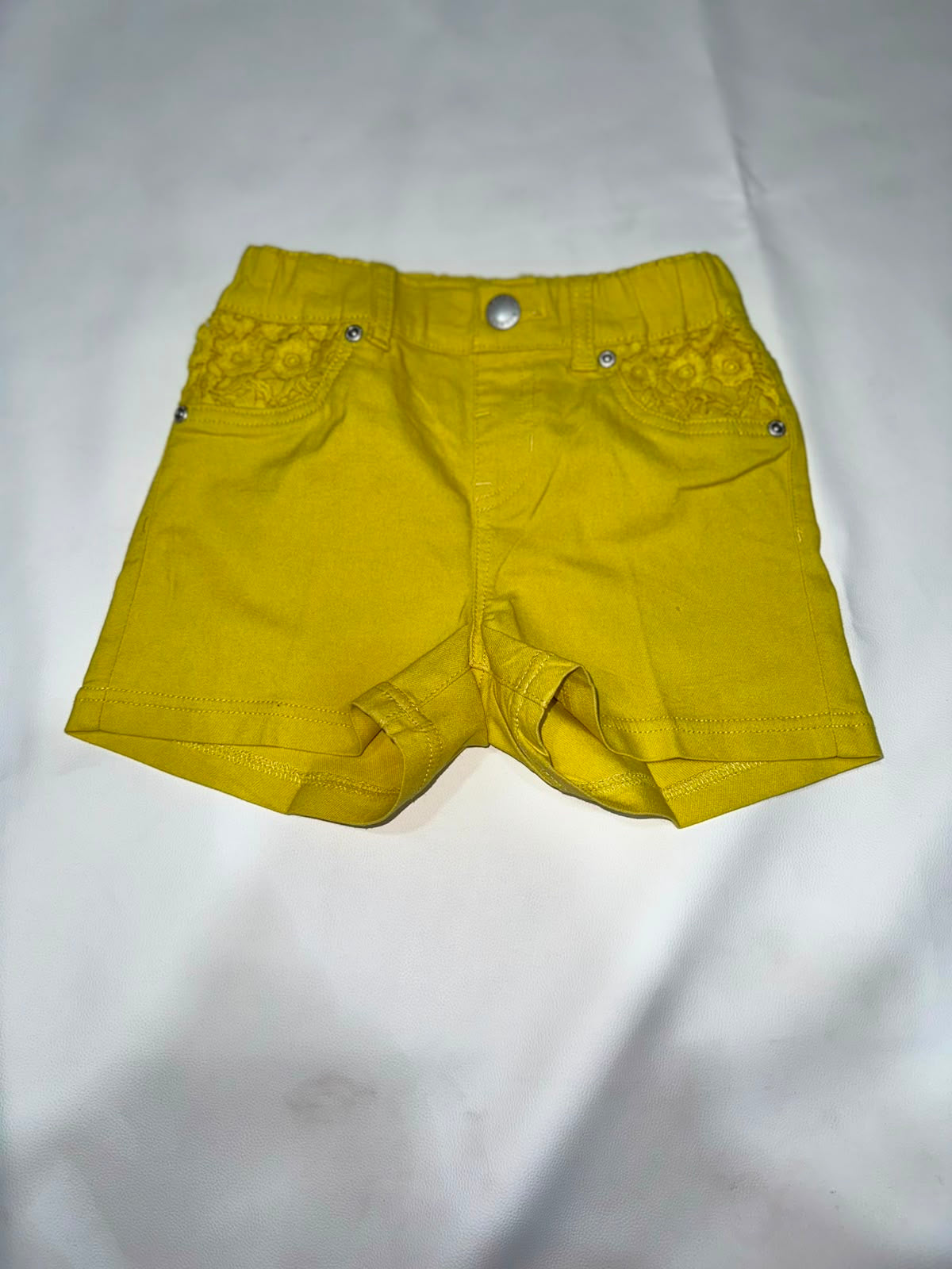 Preloved Girls Bright Yellow Lace-Pocket Elastic Waist Denim Shorts