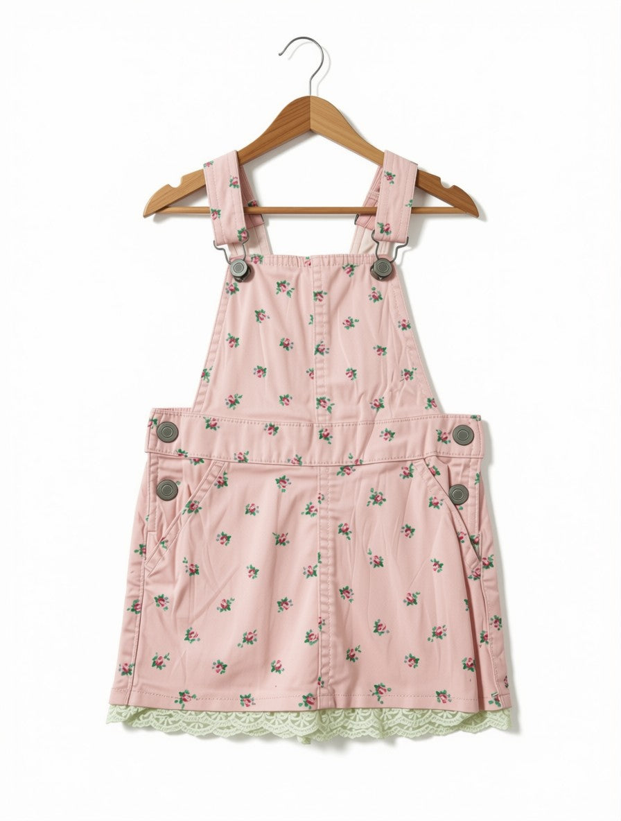 Girls Preloved Pink Floral Dungaree Pinafore Dress (Size 3-4Y)