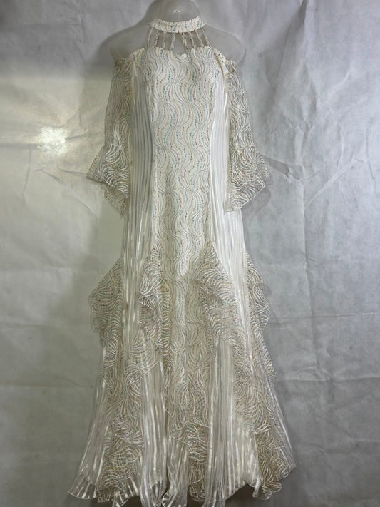 Preloved Off-White Metallic Wave Pleated Lace Tiered Halter Maxi Dress