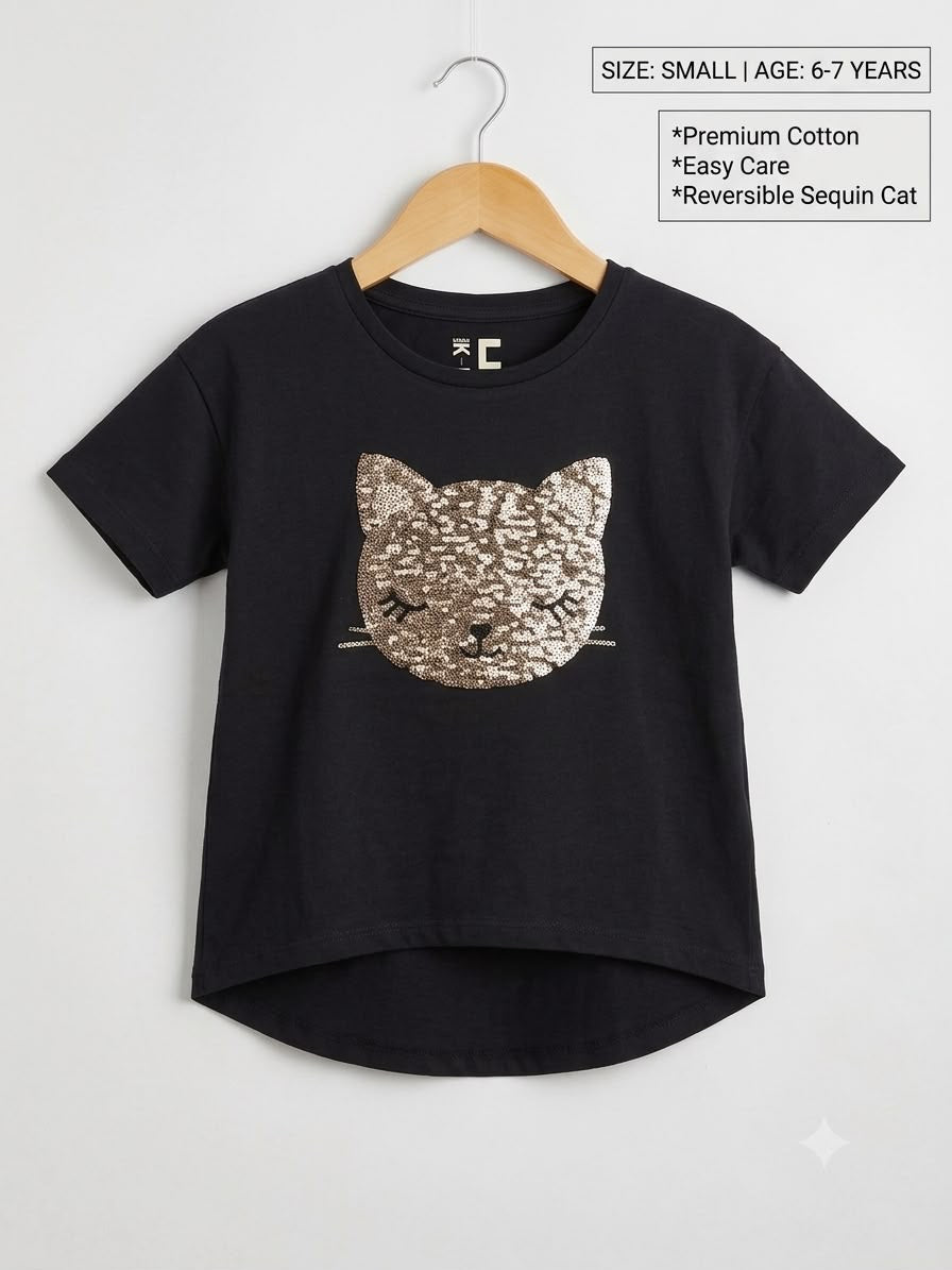 Preloved Girls Reversible Sequin Cat T-Shirt