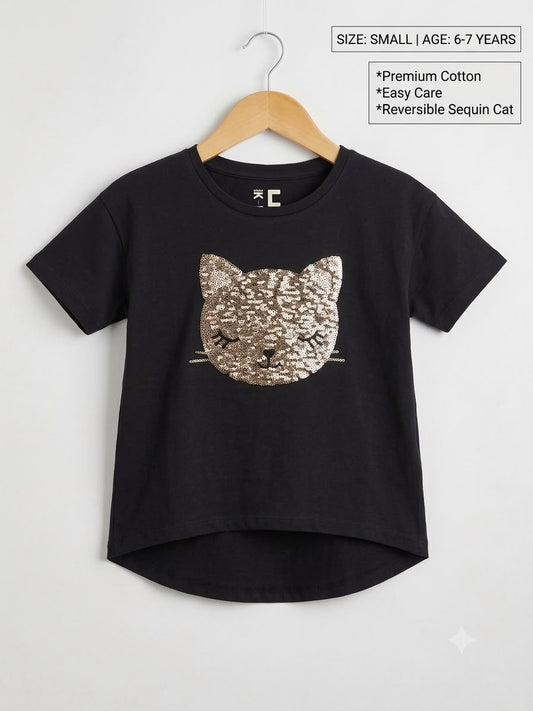 Preloved Girls Reversible Sequin Cat T-Shirt