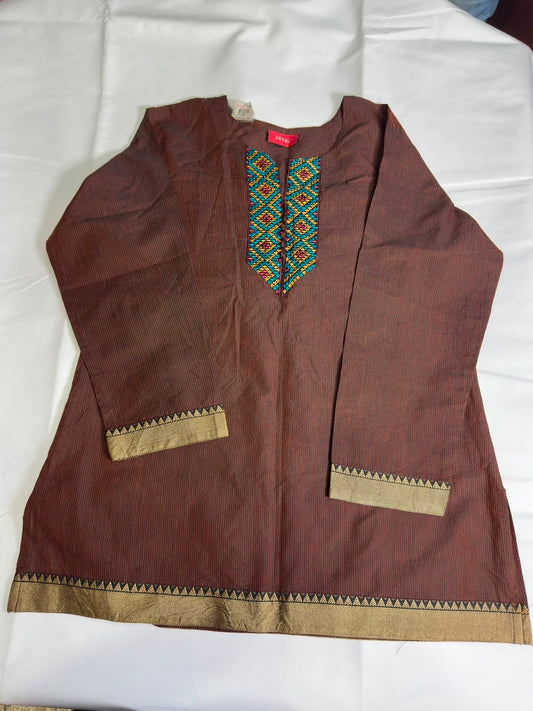 Preloved Women's Brown Geometric Embroidered Cotton Silk Kurti