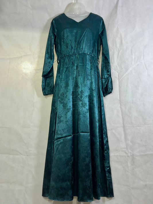 Preloved SHEIN Emerald Green Jacquard Satin V-Neck Long Sleeve Maxi Dress