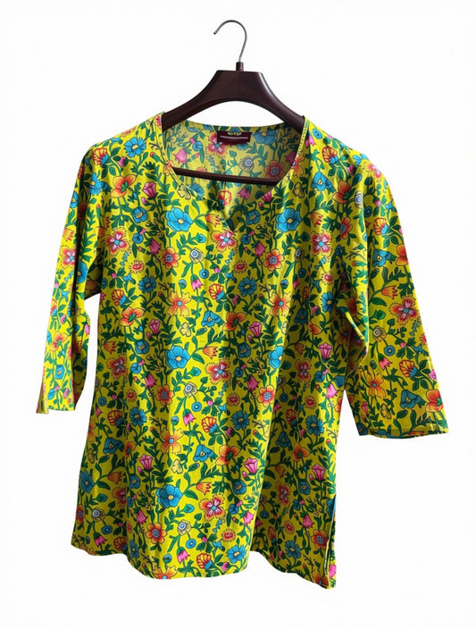 Women's Preloved Vibrant Yellow Floral Kurti-Style Tunic Top