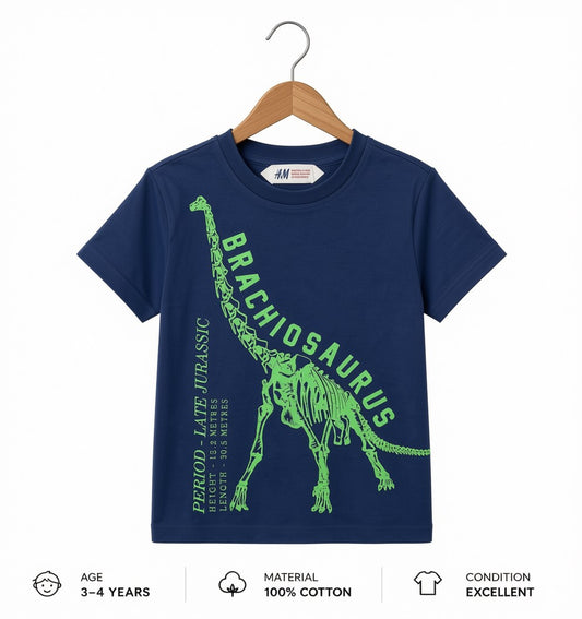Preloved H&M Kids Brachiosaurus Skeleton Graphic T-Shirt – Navy Blue 100% Cotton (Ages 3-4)