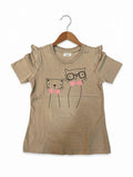 Preloved Motehuts Kids Cat Graphic Ruffled T-Shirt – Taupe Beige (Ages 2-3 Yrs)