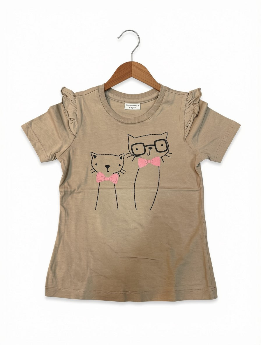 Preloved Motehuts Kids Cat Graphic Ruffled T-Shirt – Taupe Beige (Ages 2-3 Yrs)