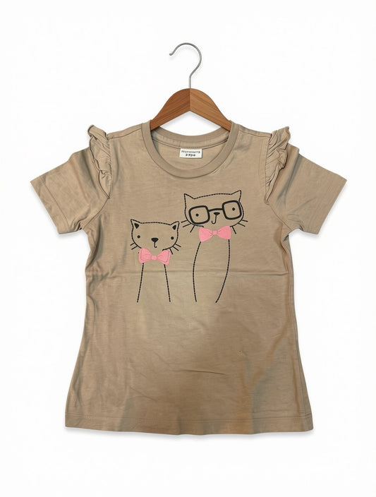 Preloved Motehuts Kids Cat Graphic Ruffled T-Shirt – Taupe Beige (Ages 2-3 Yrs)