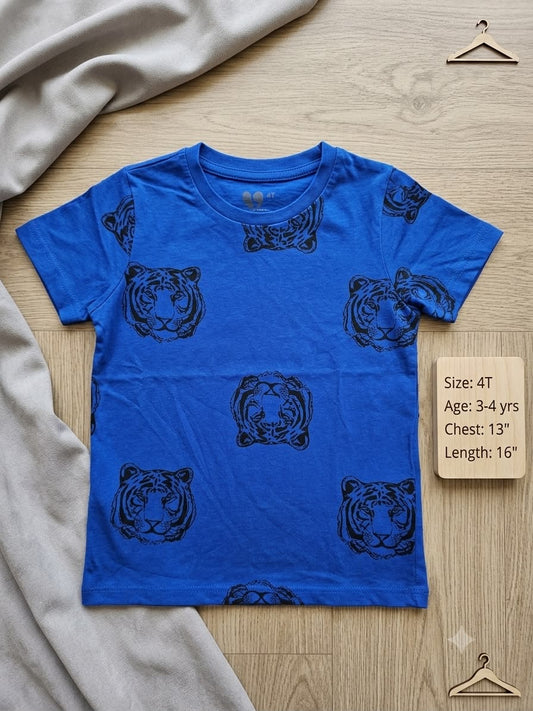 Preloved Kids All-Over Tiger Face Print T-Shirt – Cobalt Blue (Size 4T)