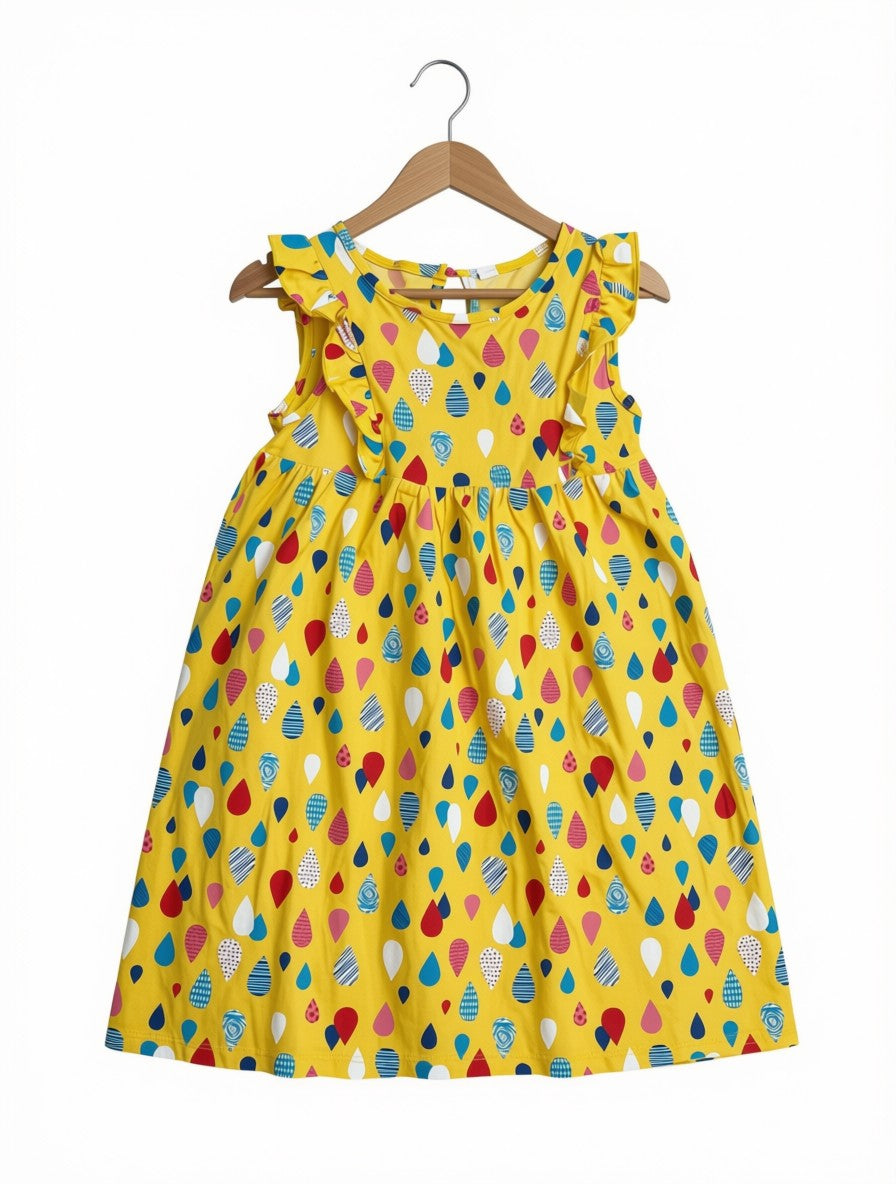 Preloved Kids Colorful Raindrop Print Ruffle Dress – Sunny Yellow (Size 7-8 Years)