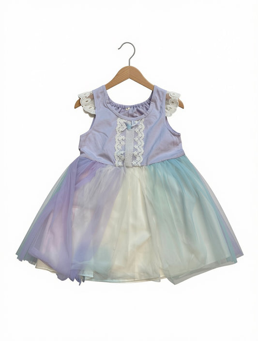 Preloved Kids Pastel Unicorn Tutu Dress – Lavender Lace & Multicolor Tulle (Size 4T/5T)
