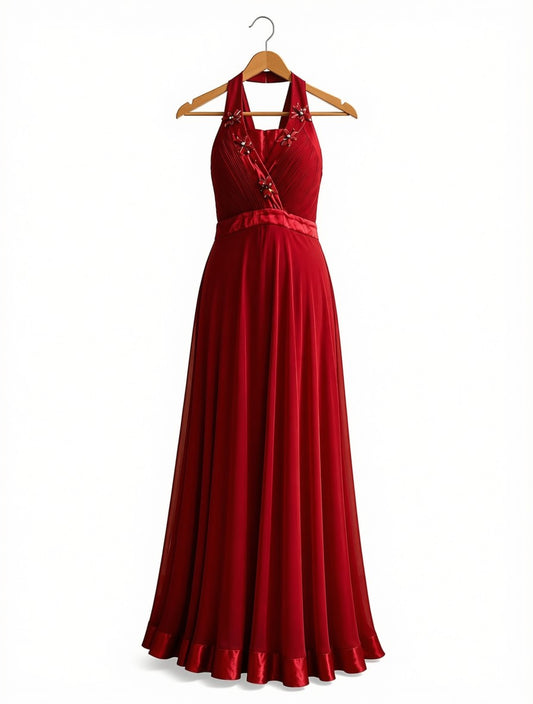 Elegant Crimson Red Chiffon Maxi Dress - Halter Neck Formal Gown with Floral Appliqués