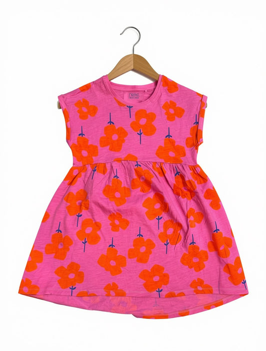Preloved Next Kids Floral Cap-Sleeve Dress – Vibrant Pink & Orange (Size 7-8 Years)