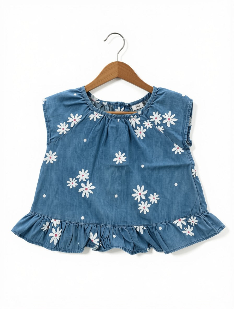 Girls Preloved Daisy Chambray Ruffled Top (Size 6-12M)
