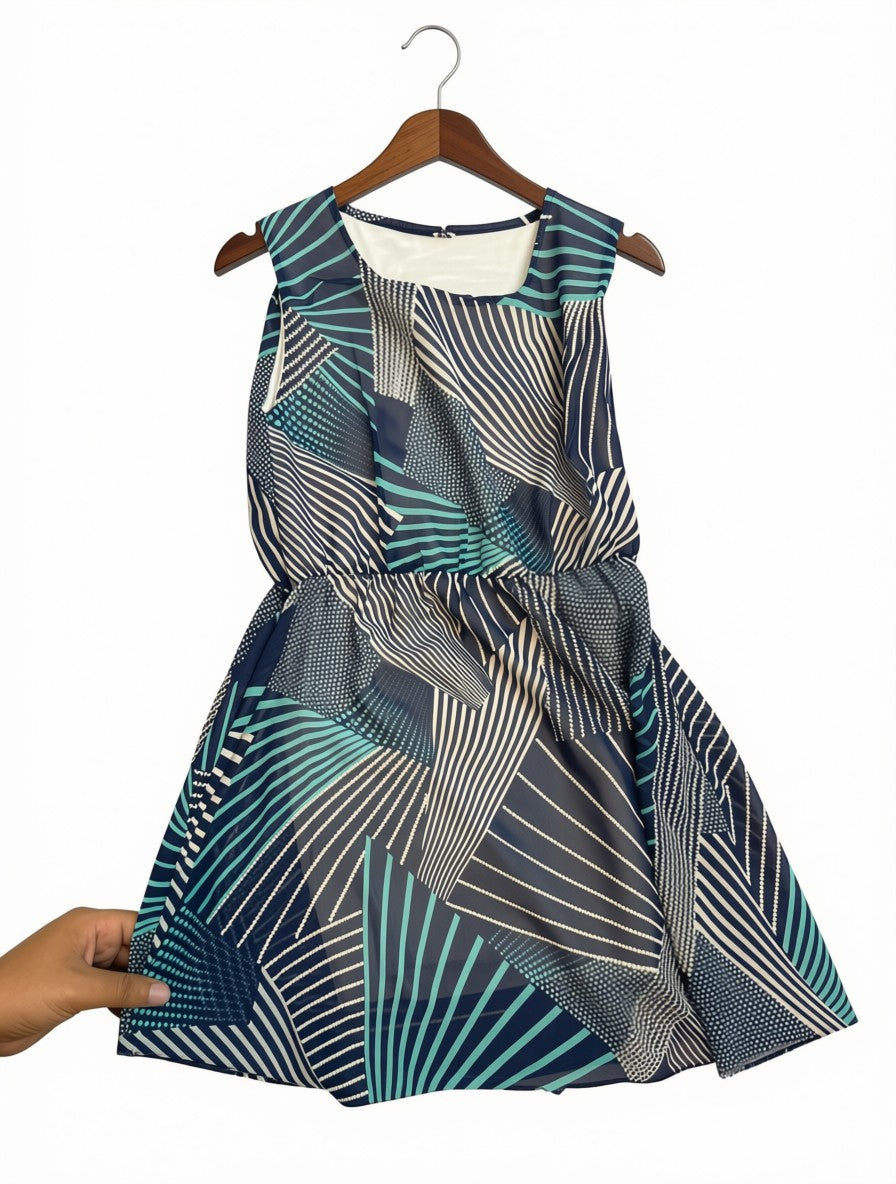 Preloved Kids Geometric Print Chiffon Dress – Teal, Navy & Cream (Size 9-10 Years)