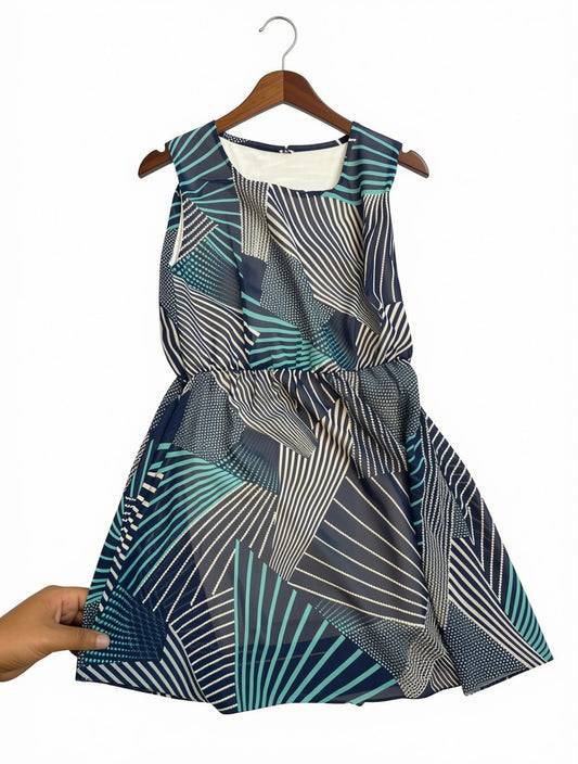 Preloved Kids Geometric Print Chiffon Dress – Teal, Navy & Cream (Size 9-10 Years)