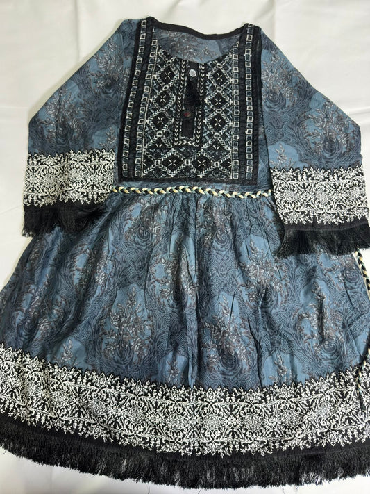 Preloved Women's Slate Blue Heavy Embroidered Damask Ethnic Frock