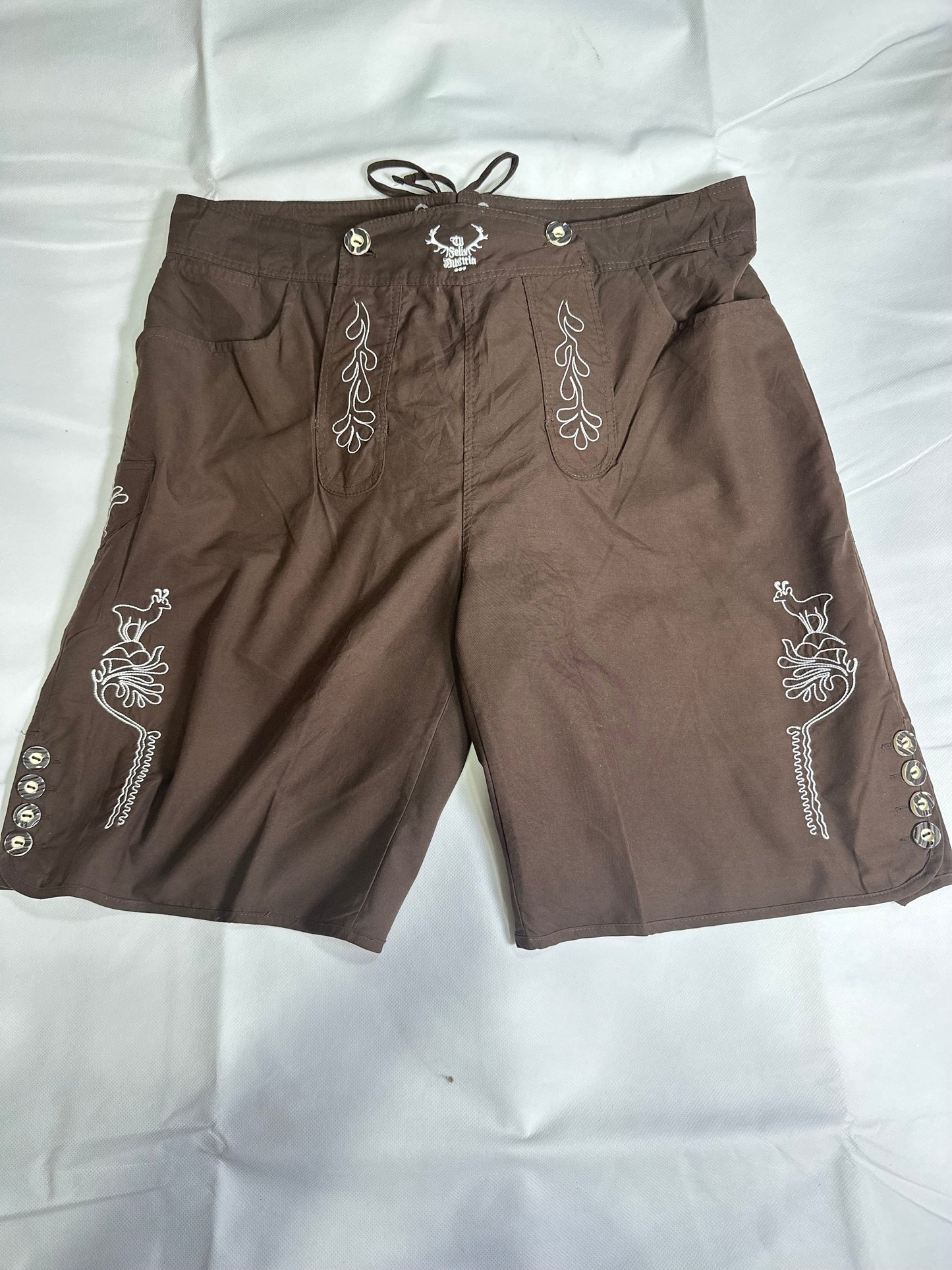 Men's Preloved Brown Bavarian Lederhosen Style Embroidered Shorts