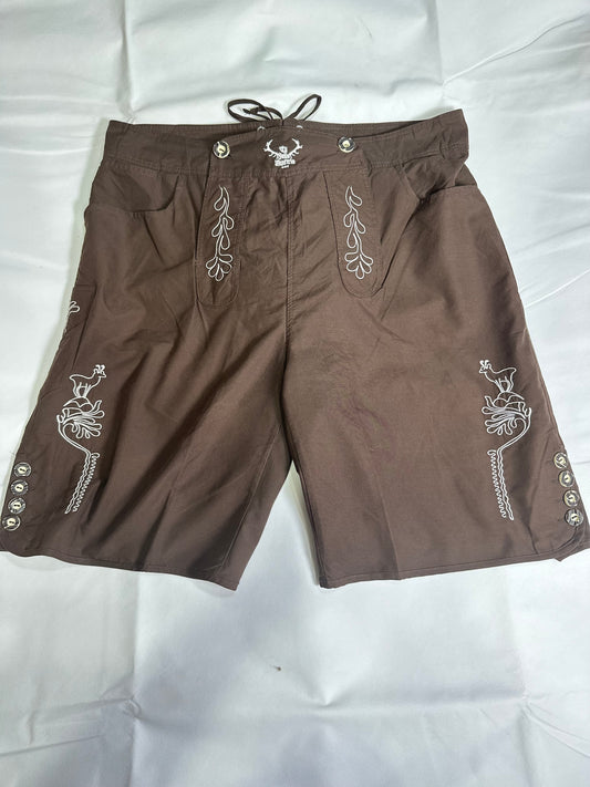 Men's Preloved Brown Bavarian Lederhosen Style Embroidered Shorts