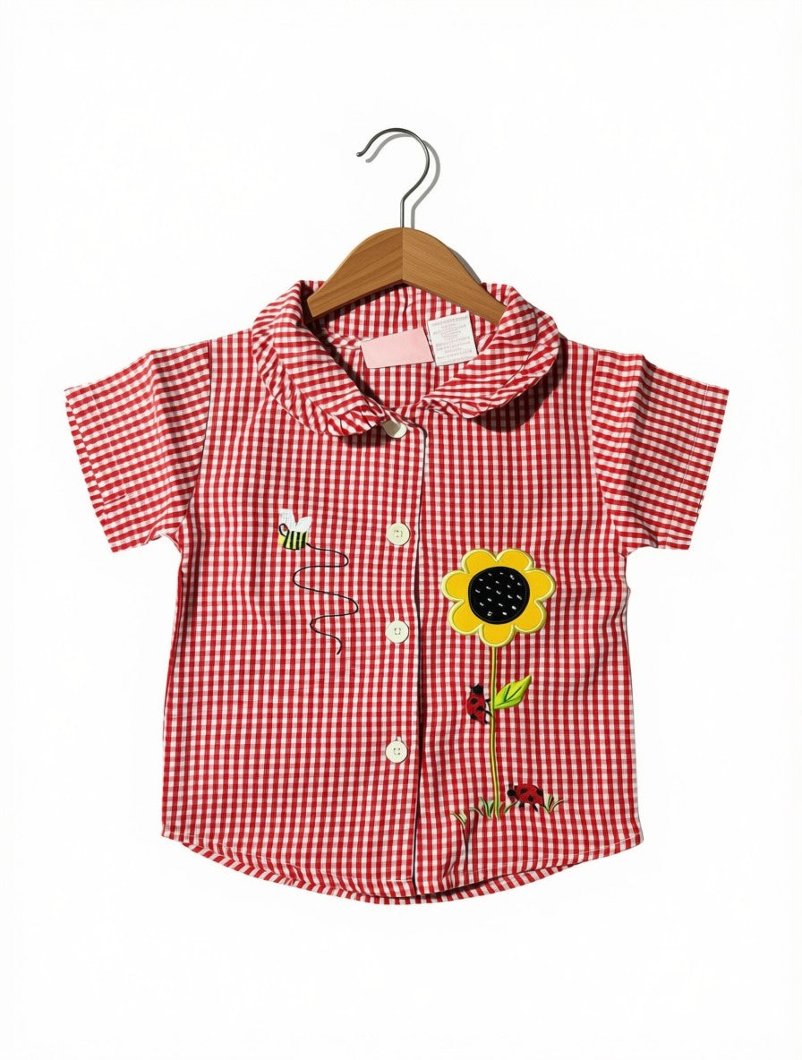Girls Preloved Red Gingham Sunflower Blouse (Size 3-4Y)