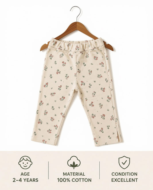 Girls Cream Floral Cotton Leggings | Soft Stretch Pants | Age 2–4 Years