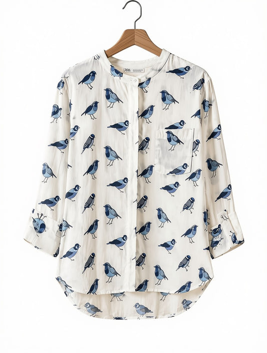 White Chiffon Button Down Blouse with Blue Bird Print Maxi Dress - Casual Long Sleeve Mandarin Collar Shirt