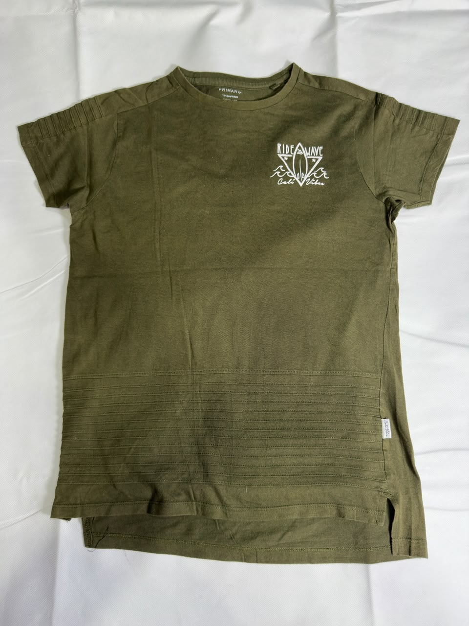 Preloved Primark Olive Green "Ride The Wave" Biker Stitch Longline T-Shirt