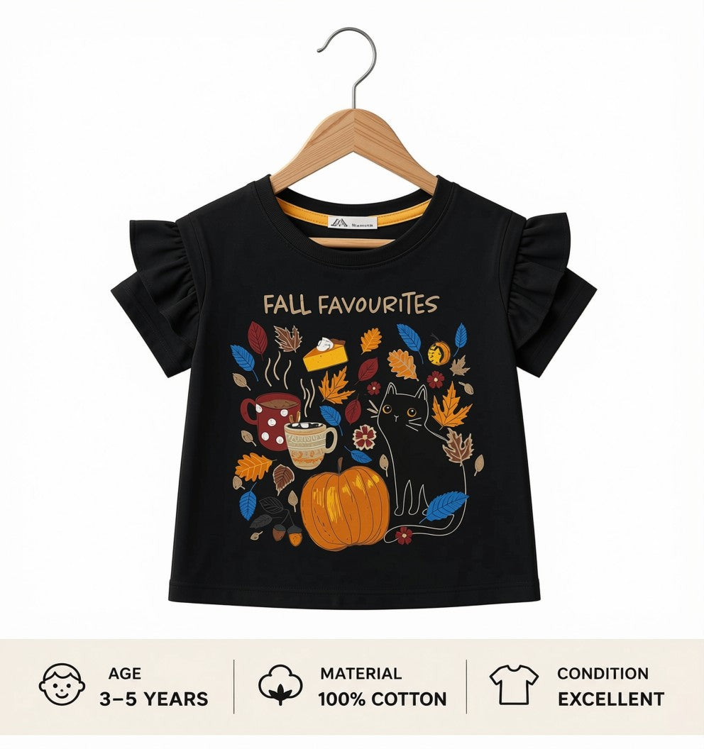 Preloved Kids "Fall Favourites" Ruffled Graphic T-Shirt – Black 100% Cotton (Ages 3-5)