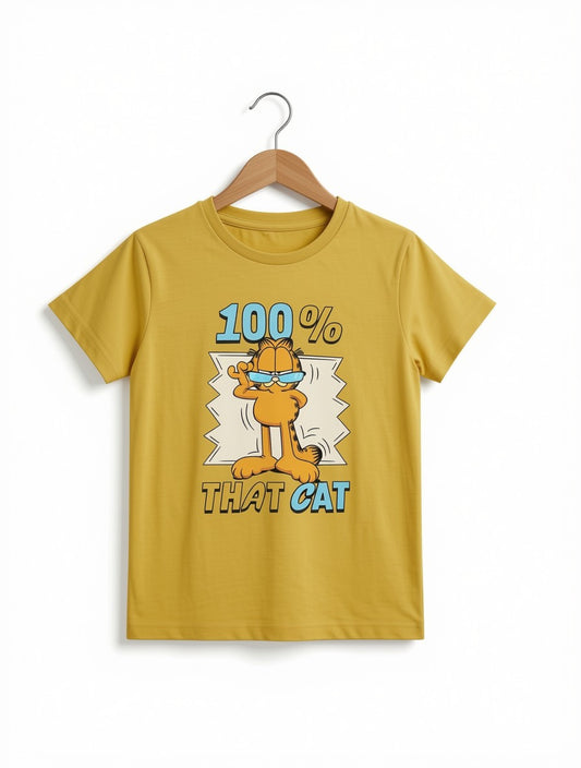 Preloved Kids Garfield "100% That Cat" Graphic T-Shirt – Mustard Yellow 100% Cotton