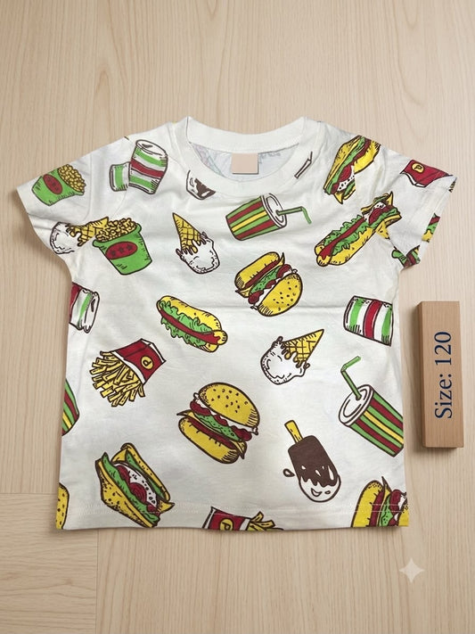 Preloved Kids All-Over Fast Food Graphic T-Shirt – White (Size 120)