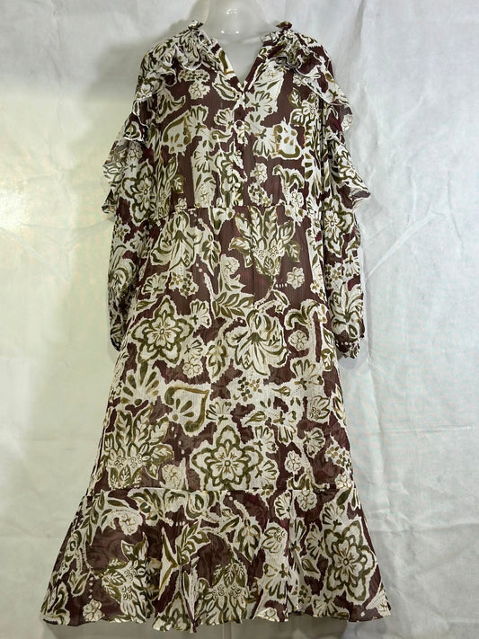 Preloved NWT Et Vous Brown & Olive Floral Chiffon Ruffle Tiered Midi Dress