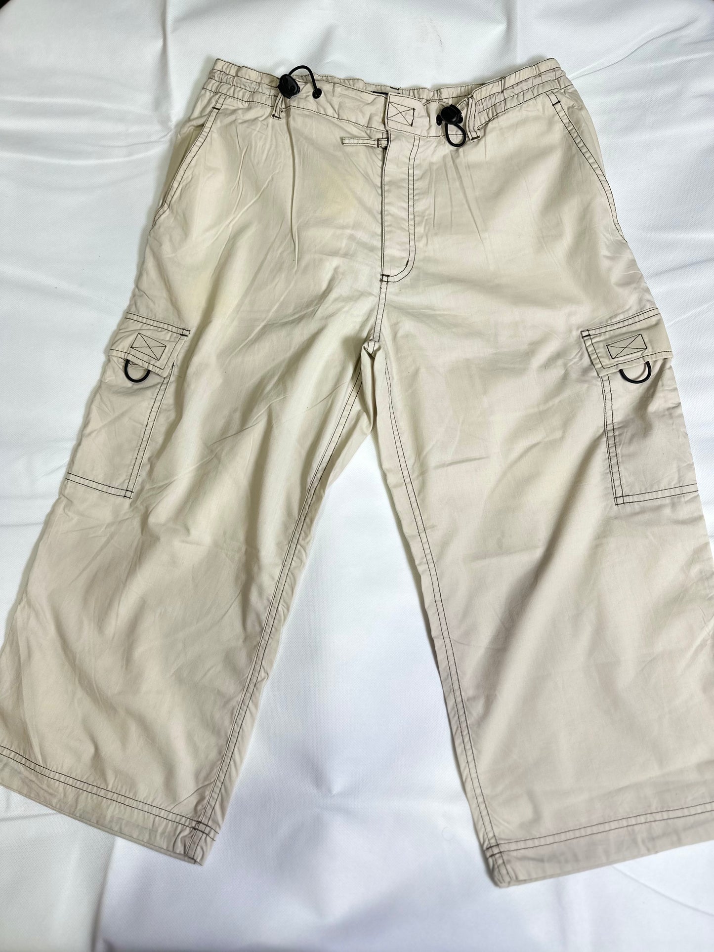 Preloved Beige Cream Contrast Stitch Wide-Leg Utility Capri Shorts