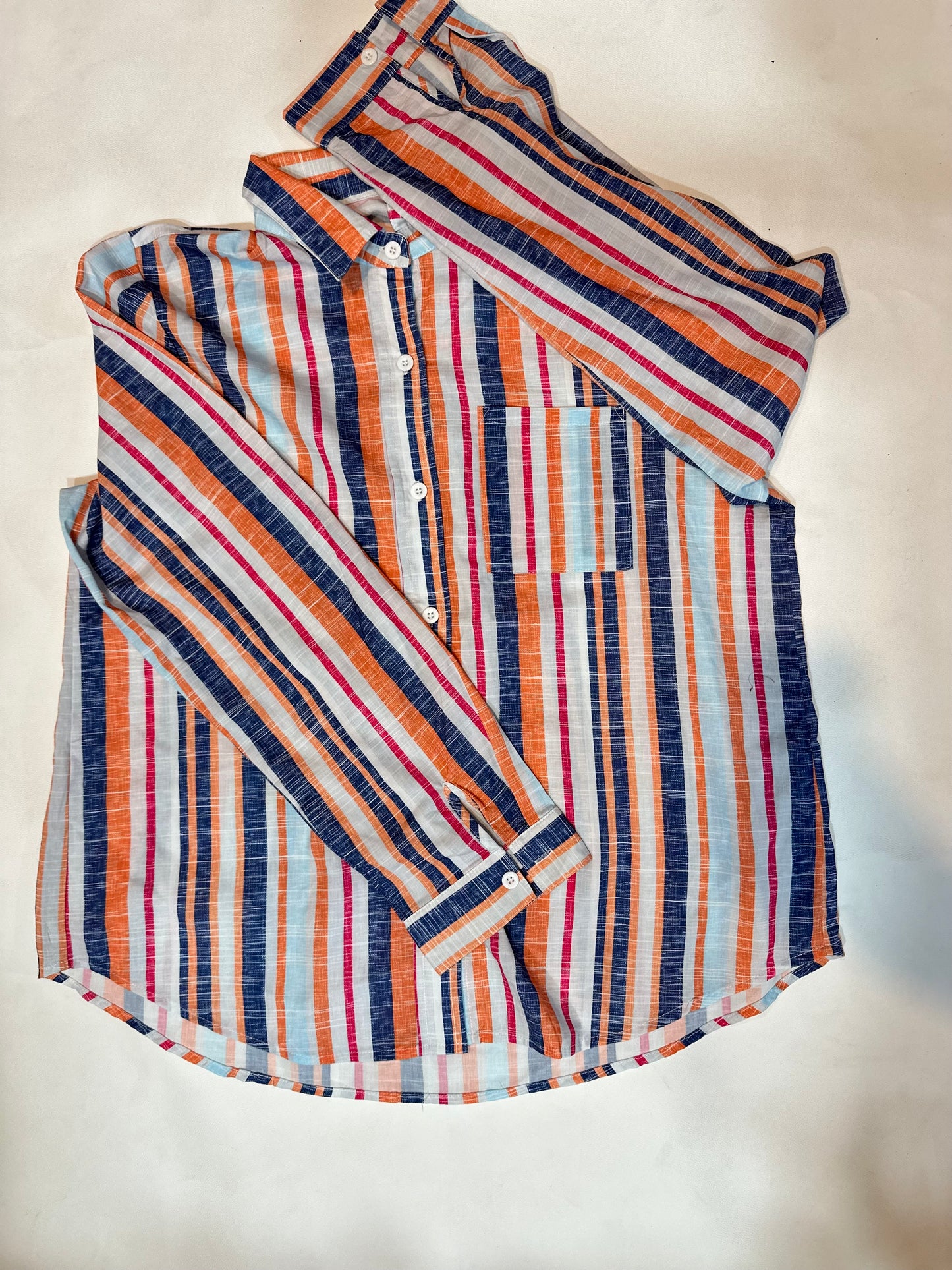 Ladies' Preloved Multi-Color Vertical Stripe Linen-Look Long Sleeve Shirt