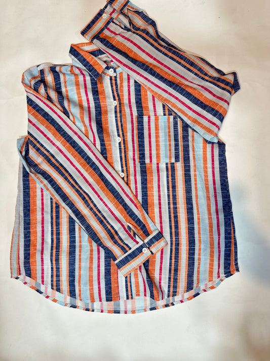 Ladies' Preloved Multi-Color Vertical Stripe Linen-Look Long Sleeve Shirt