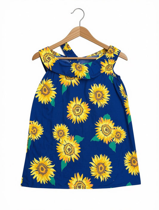 Preloved Kids Sunflower Print Sleeveless Shift Dress – Royal Blue & Bright Yellow (Size 7-8 Years)
