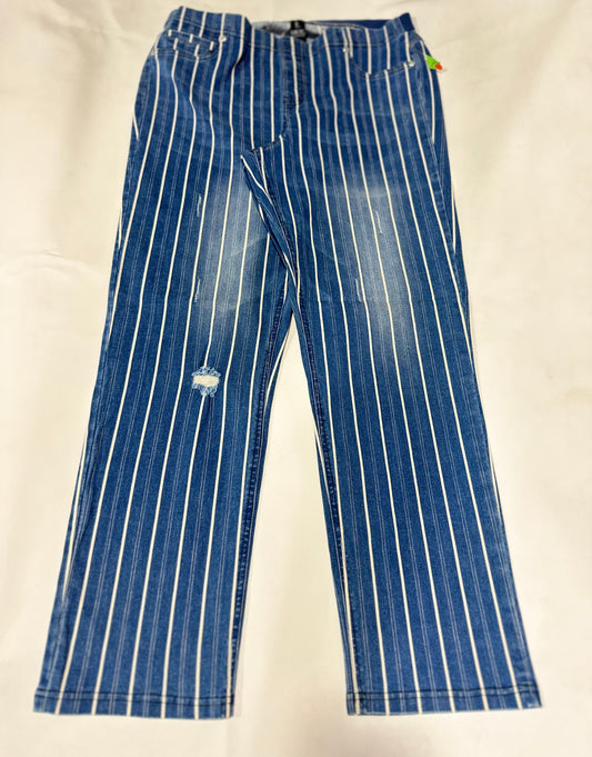 Ladies' Preloved Blue Vertical Striped Distressed Denim Jeans