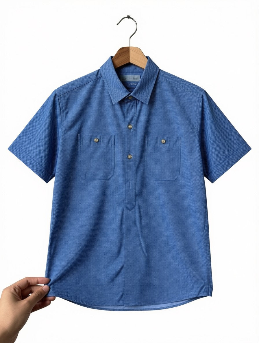 Boys Preloved Blue Textured Half-Placket Shirt (Size 7-8Y)