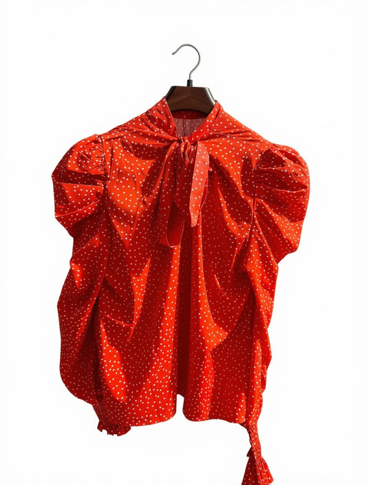 Women's Preloved Red Polka Dot Tie-Neck Puff-Sleeve Blouse