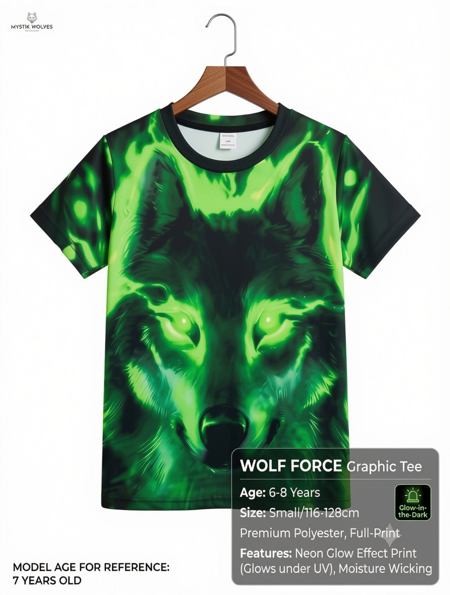 Mystik Wolves Wolf Force Graphic T-Shirt Kids Age 6–8 Years | Neon Wolf Print Tee | Excellent Condition