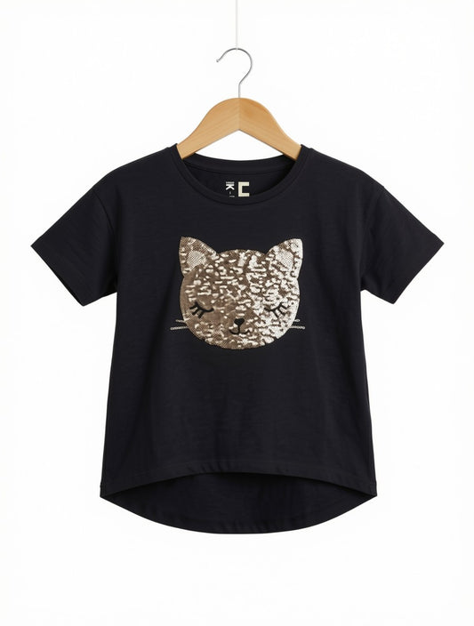 Preloved Girls Reversible Sequin Cat T-Shirt