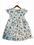 Preloved Kids Blue & White Floral Tiered Dress – Flutter Sleeve Summer Midi (Size 6-7Years)