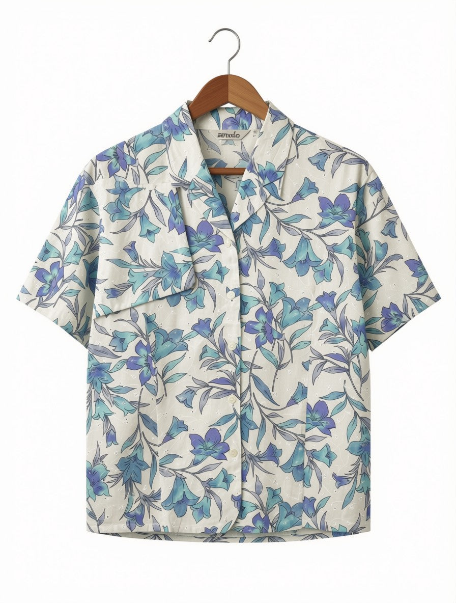 Women's Preloved Floral Schiffli Cuban Collar Shirt (Size L)