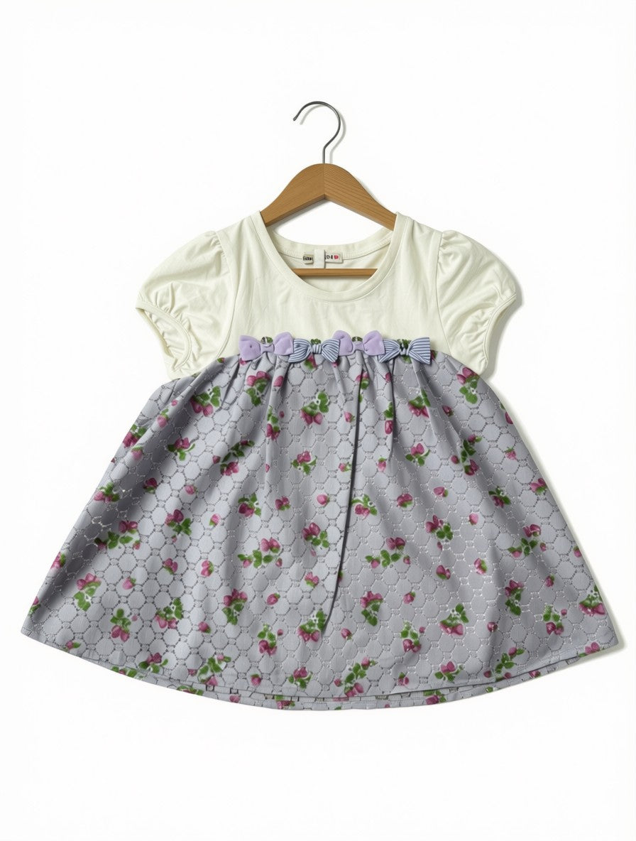 Girls Preloved Cream & Floral Layered Dress with Bows (Size 2-3Y)