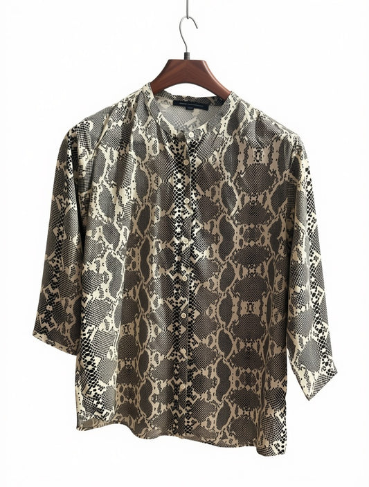Women's Preloved Monochrome Snakeskin Collarless Blouse